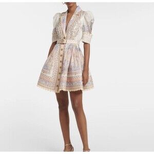Zimmermann High Tide Odyssey Mini Dress Ocean Map Print Belted Linen Silk 0 NWOT